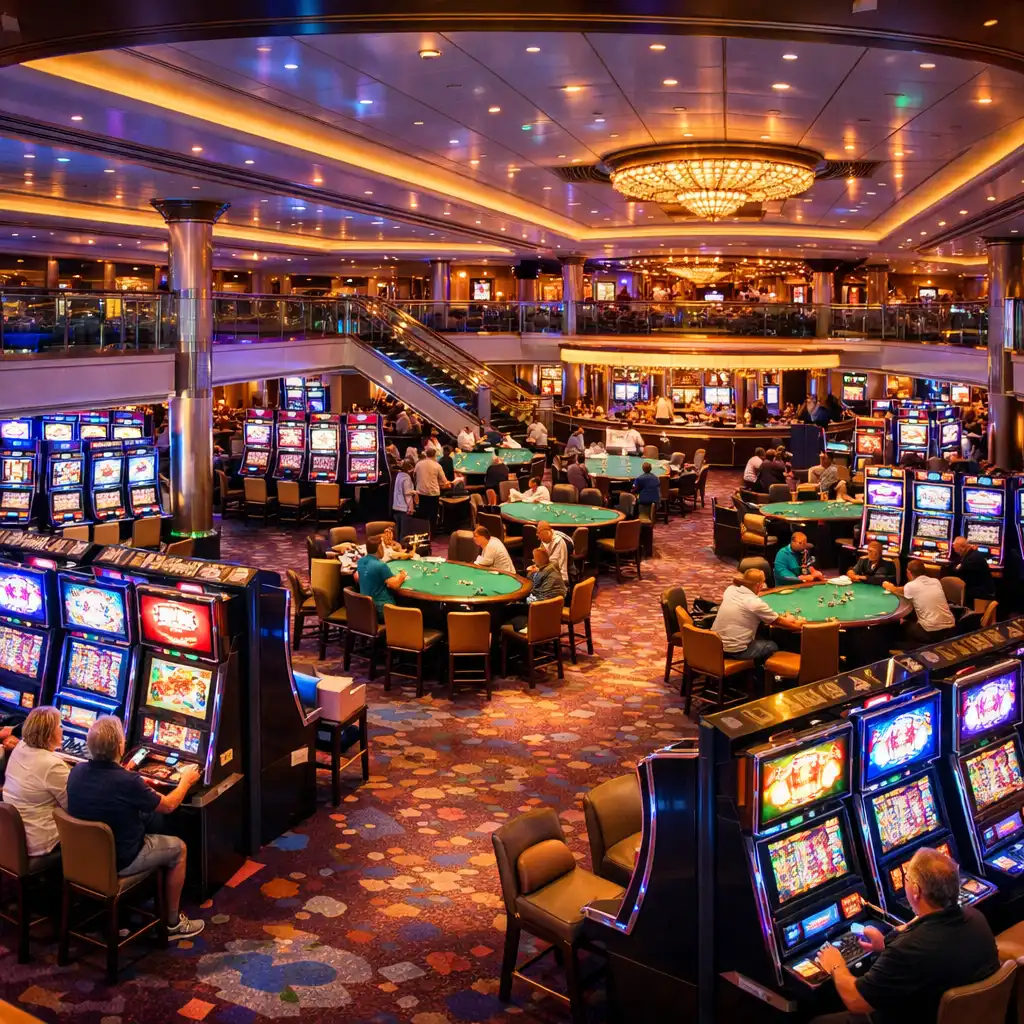 Szerokie ujęcie tętniącego życiem piętra kasyna na statku Oasis of the Seas z licznymi automatami i stołami