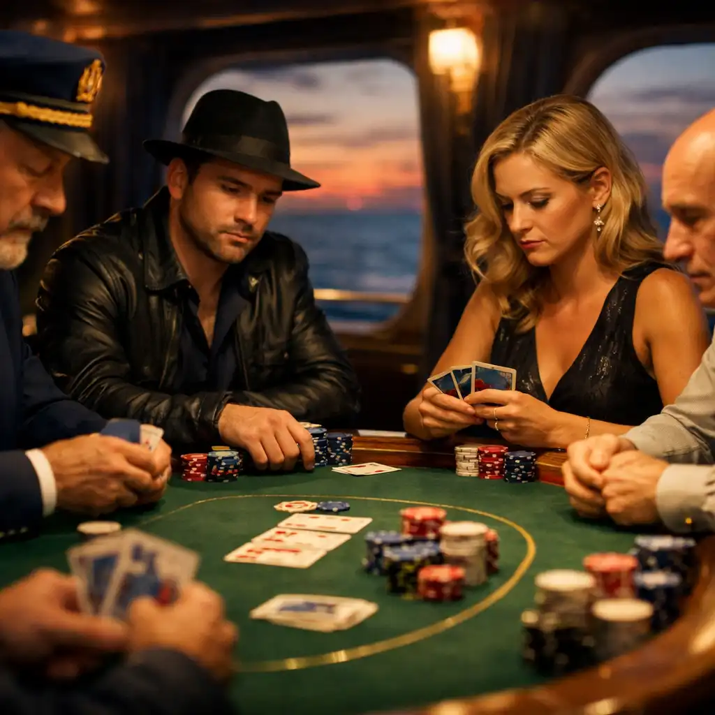 Gracze przy stole pokerowym na statku z widokiem na morze o zmierzchu