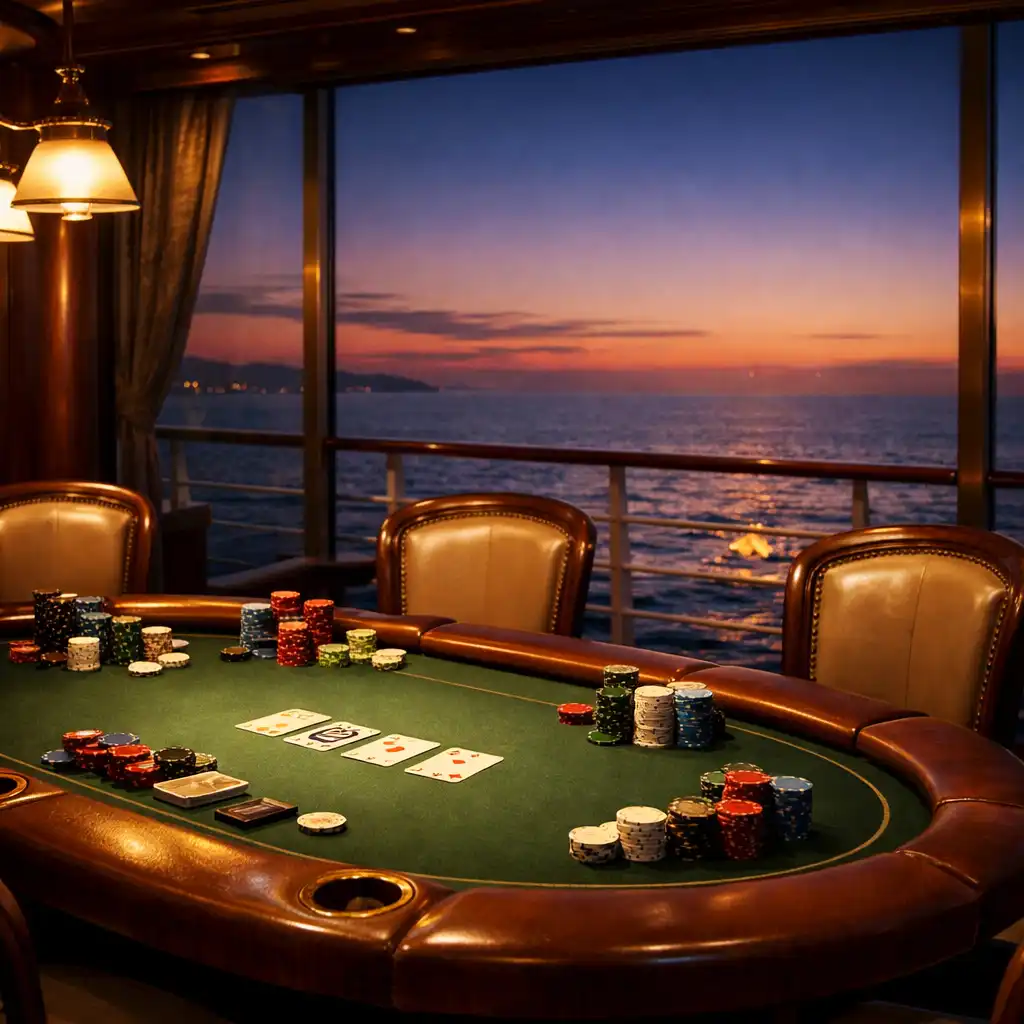 Luksusowy stół pokerowy na statku wycieczkowym z widokiem na ocean o zmierzchu