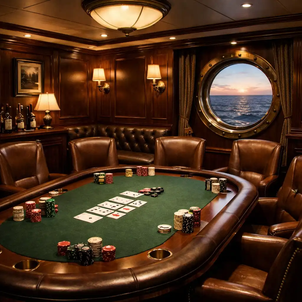 Elegancki pokój pokerowy na statku wycieczkowym z ciemną boazerią i skórzanymi fotelami