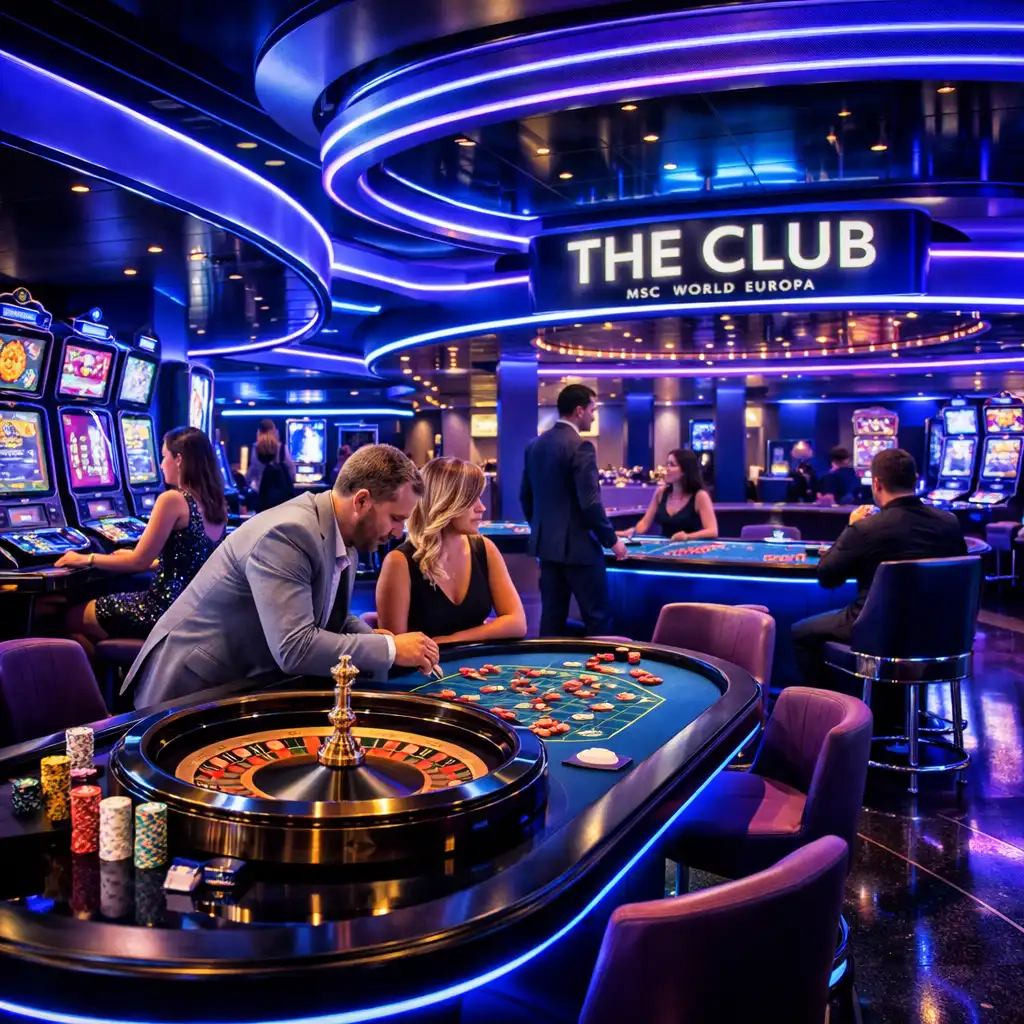 Kasyno The Club na statku MSC World Europa z futurystycznym neonowym oświetleniem