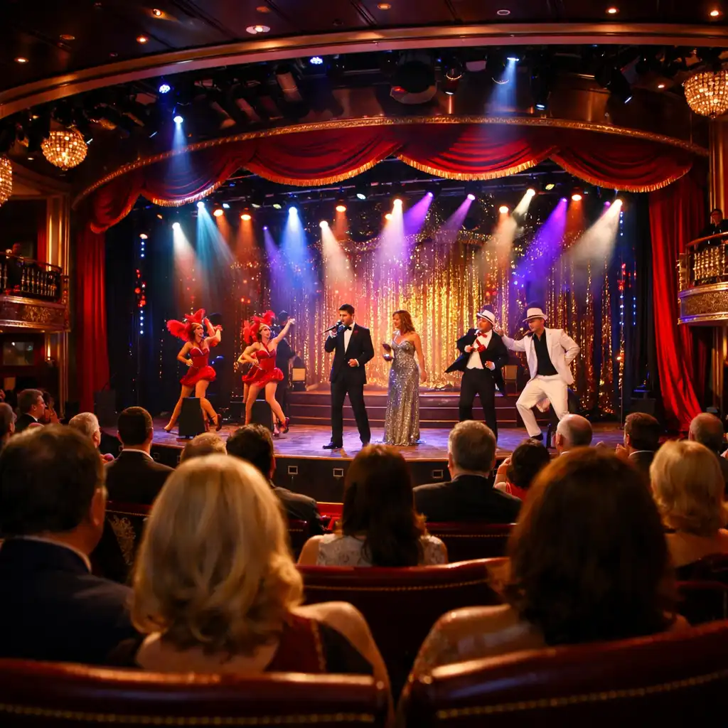 Teatr na statku wycieczkowym podczas wieczornego show z kolorowym oświetleniem sceny
